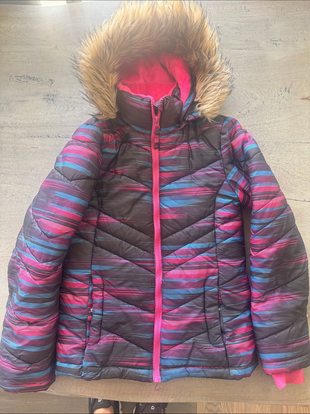 SO Girls' Striped Puffer Jacket with Faux Fur Hood - Pink & Blue